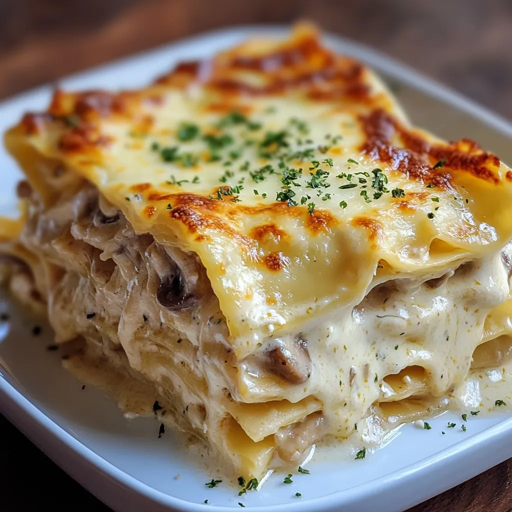 Plat de lasagnes au poulet avec une sauce blanche crémeuse gratinée au fromage.