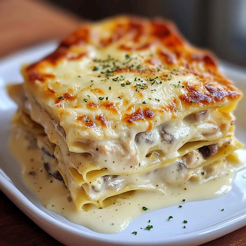 Plat de lasagnes au poulet avec une sauce blanche crémeuse gratinée au fromage.