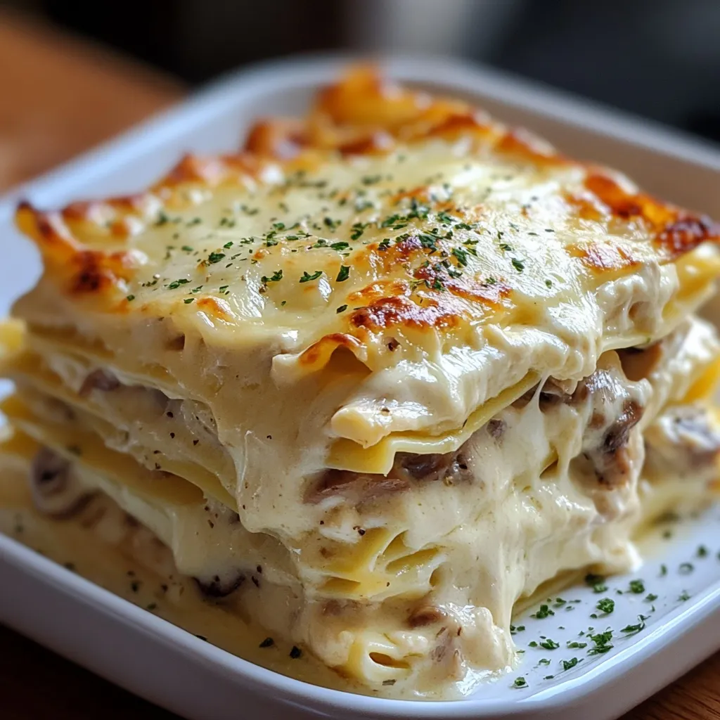 Plat de lasagnes au poulet avec une sauce blanche crémeuse gratinée au fromage.
