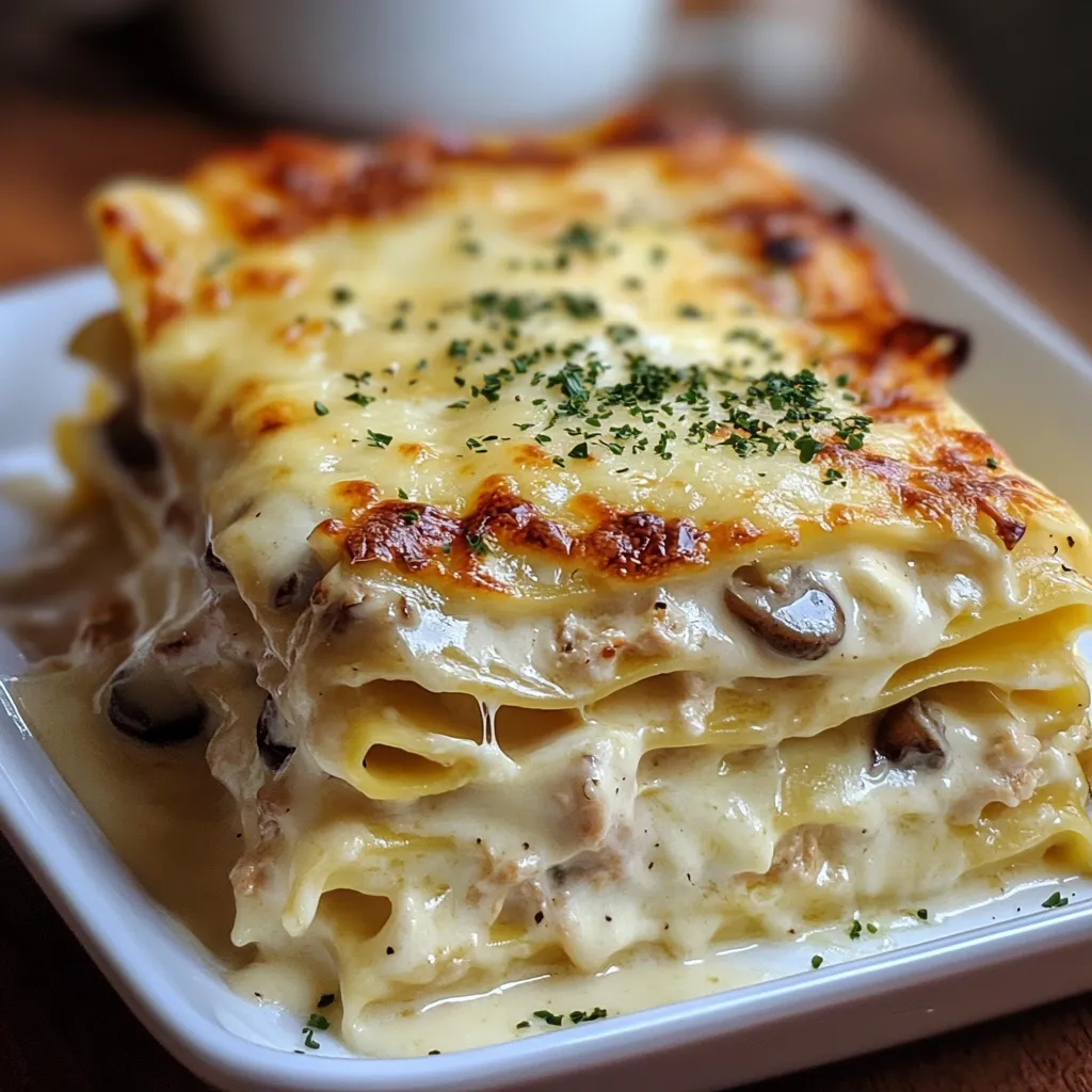 Plat de lasagnes au poulet avec une sauce blanche crémeuse gratinée au fromage.