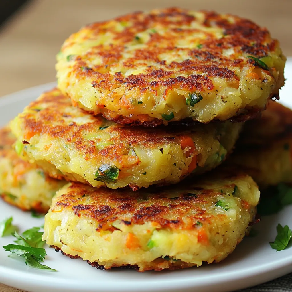 Galettes de légumes dorées et croustillantes, servies sur une assiette avec une salade verte et une sauce au yaourt.