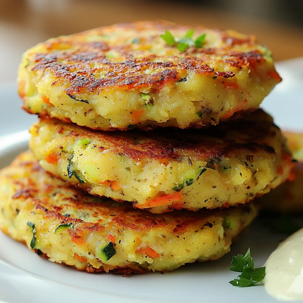 Galettes de légumes dorées et croustillantes, servies sur une assiette avec une salade verte et une sauce au yaourt.