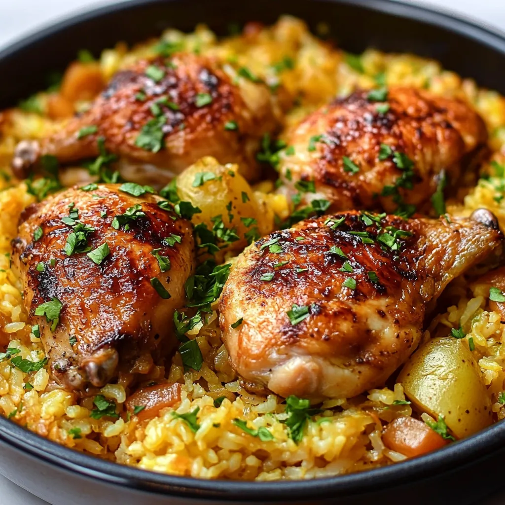 Plat de Marmite de Poulet au Riz à l’Espagnole servi chaud, avec des poivrons colorés et du riz parfumé.