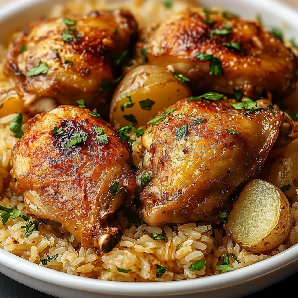 Plat de Marmite de Poulet au Riz à l’Espagnole servi chaud, avec des poivrons colorés et du riz parfumé.
