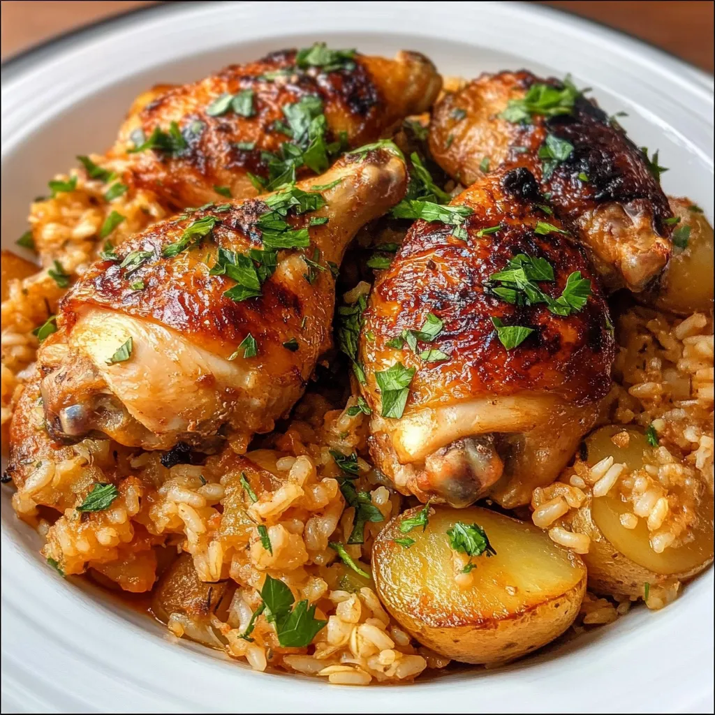 Plat de Marmite de Poulet au Riz à l’Espagnole servi chaud, avec des poivrons colorés et du riz parfumé.