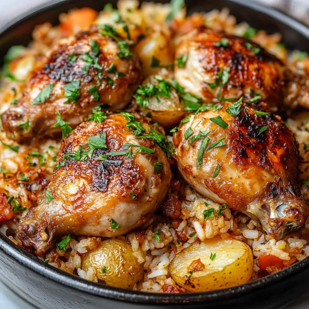 Plat de Marmite de Poulet au Riz à l’Espagnole servi chaud, avec des poivrons colorés et du riz parfumé.