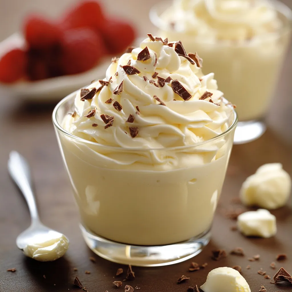 Mousse au chocolat blanc et mascarpone servie en verrine, décorée de copeaux de chocolat et de framboises fraîches.