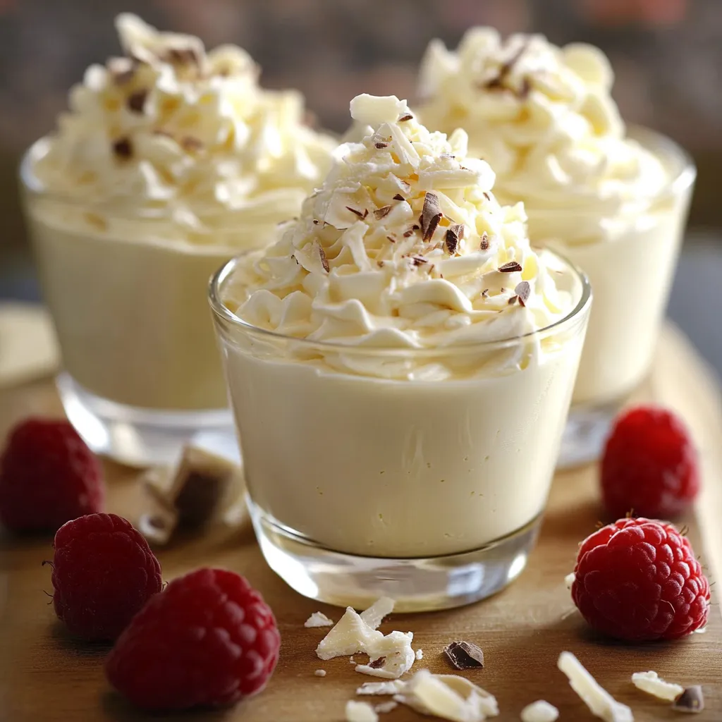 Mousse au chocolat blanc et mascarpone servie en verrine, décorée de copeaux de chocolat et de framboises fraîches.