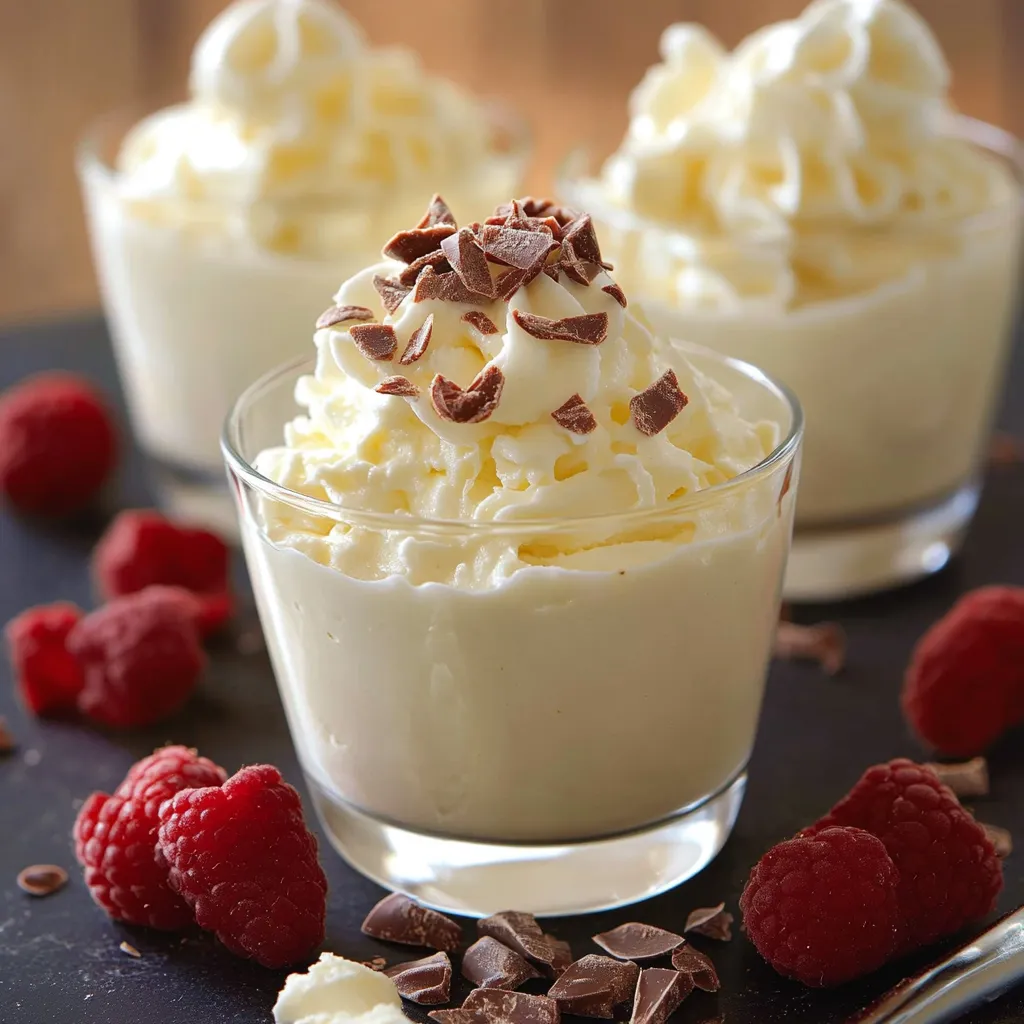 Mousse au chocolat blanc et mascarpone servie en verrine, décorée de copeaux de chocolat et de framboises fraîches.