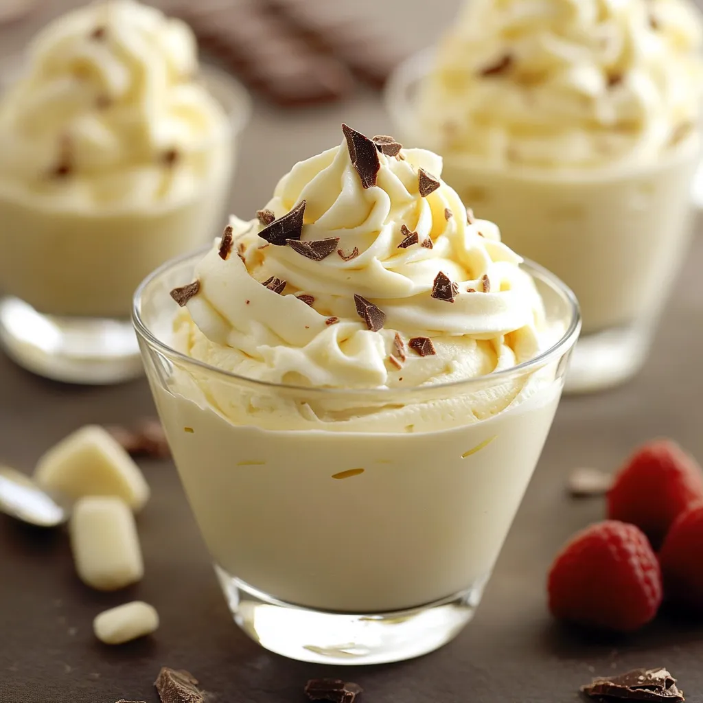 Mousse au chocolat blanc et mascarpone servie en verrine, décorée de copeaux de chocolat et de framboises fraîches.