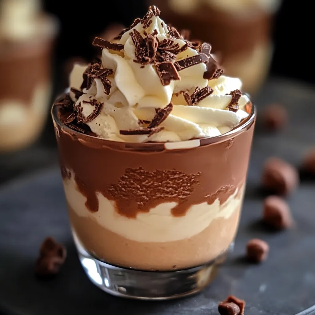 Un dessert mousseux au Kinder Bueno présenté dans une verrine, garni de morceaux de chocolat et de noisettes concassées.