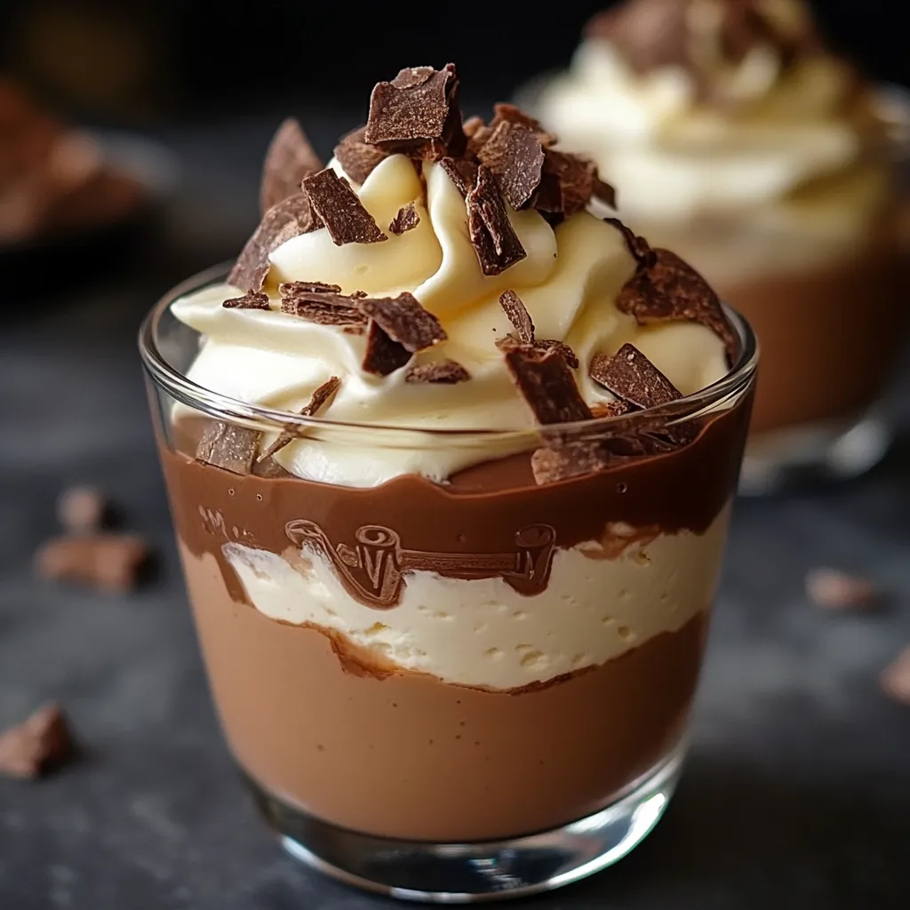 Un dessert mousseux au Kinder Bueno présenté dans une verrine, garni de morceaux de chocolat et de noisettes concassées.