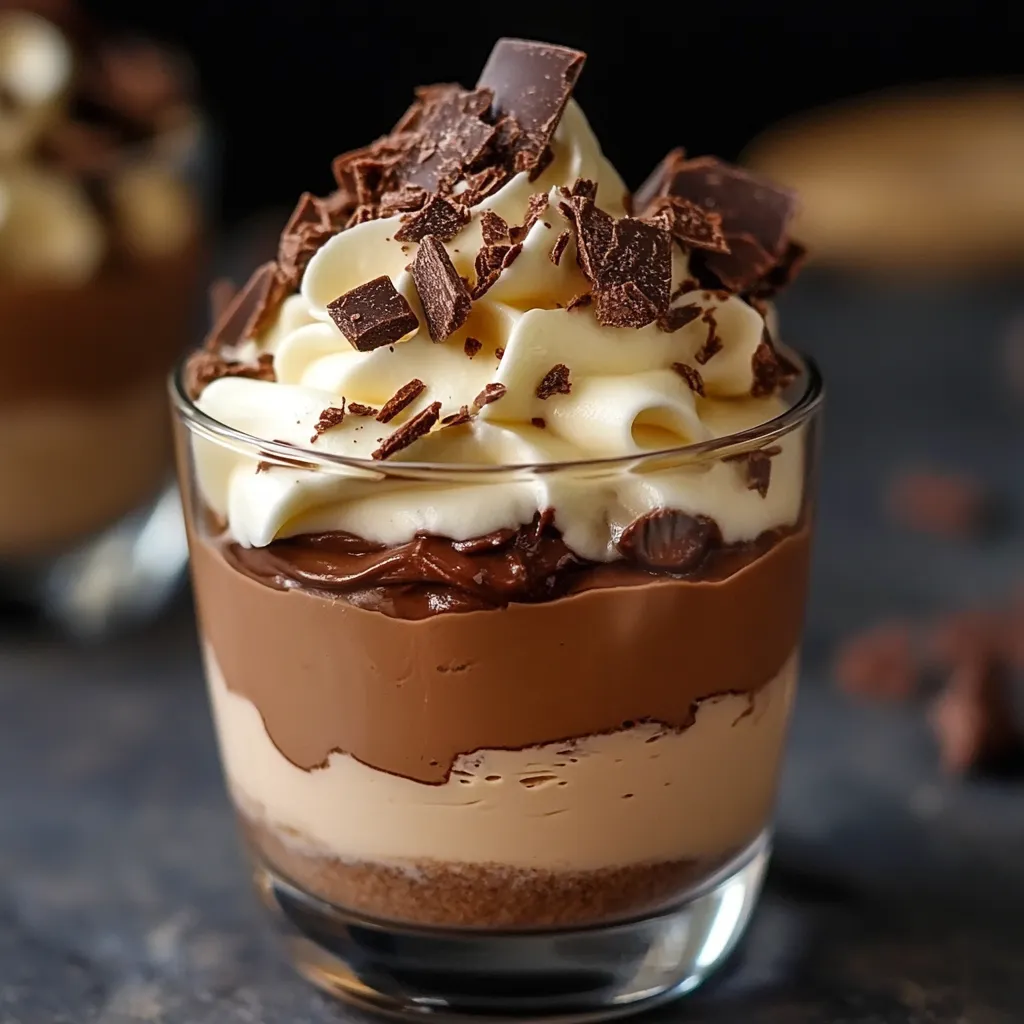 Un dessert mousseux au Kinder Bueno présenté dans une verrine, garni de morceaux de chocolat et de noisettes concassées.