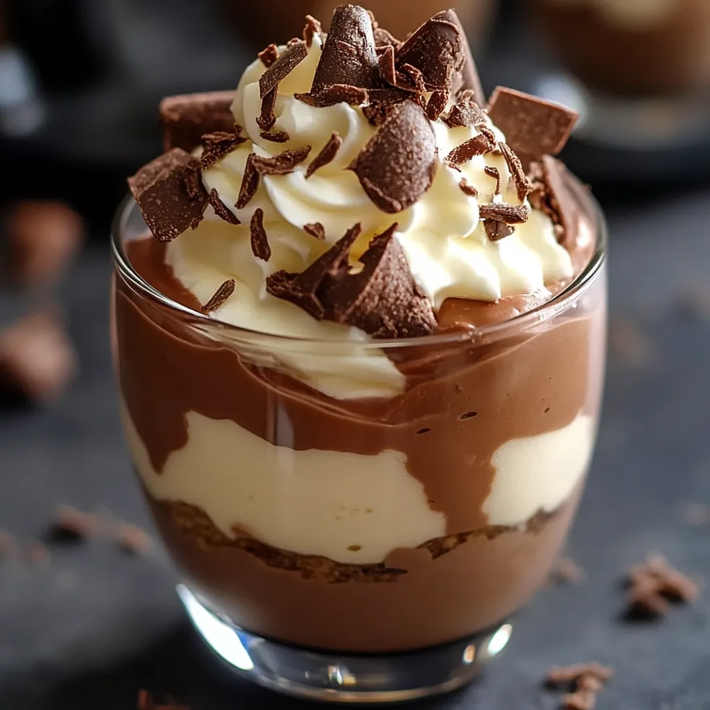 Un dessert mousseux au Kinder Bueno présenté dans une verrine, garni de morceaux de chocolat et de noisettes concassées.