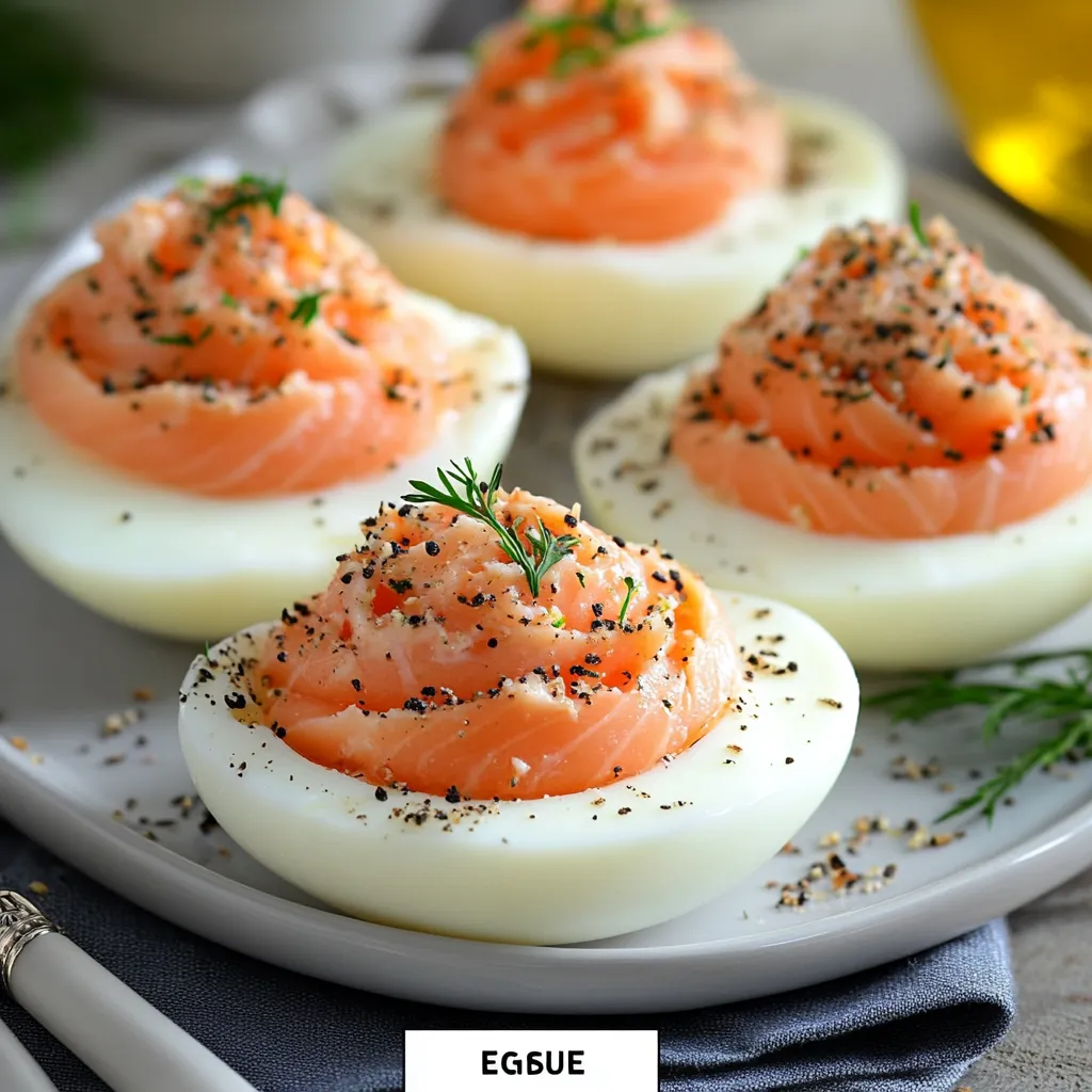 Œufs farcis au saumon fumé et fromage frais, joliment dressés avec une touche d’aneth, sur une assiette élégante.