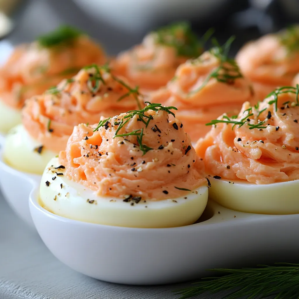 Œufs farcis au saumon fumé et fromage frais, joliment dressés avec une touche d’aneth, sur une assiette élégante.