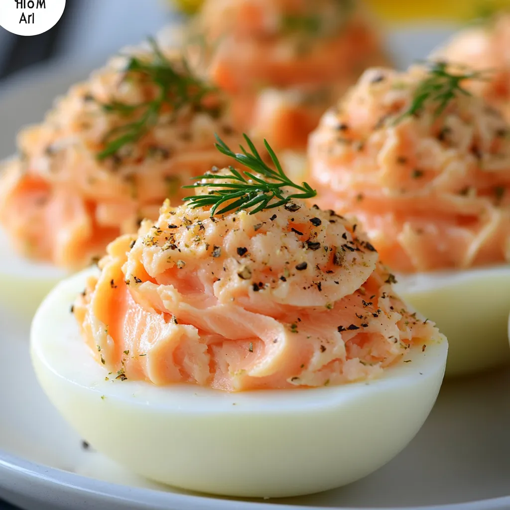 Œufs farcis au saumon fumé et fromage frais, joliment dressés avec une touche d’aneth, sur une assiette élégante.