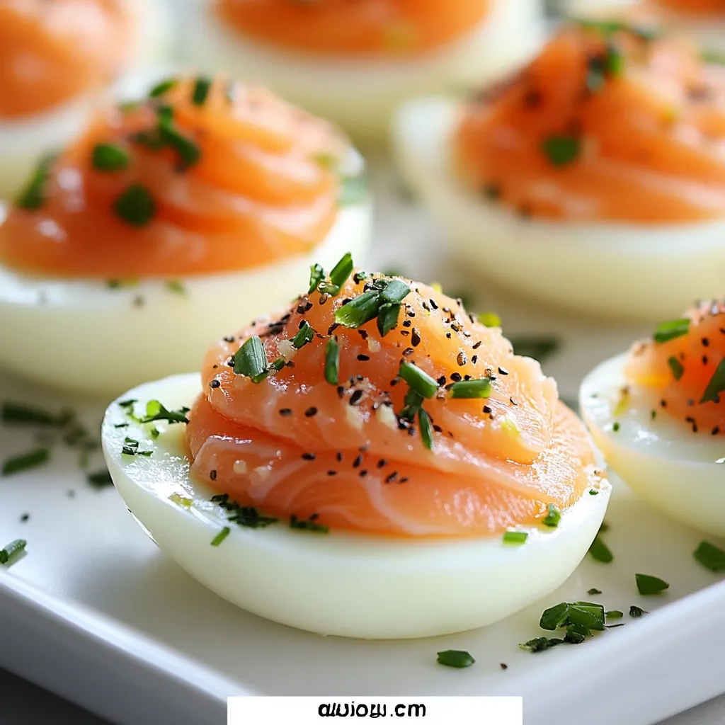 Œufs farcis au saumon fumé et fromage frais, joliment dressés avec une touche d’aneth, sur une assiette élégante.