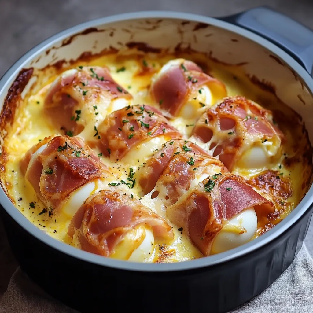 Œufs roulés au jambon coupés en rondelles avec ciboulette sur une assiette blanche