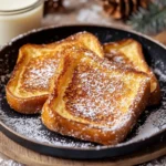 Pain perdu doré et croustillant, servi avec du sucre glace et des fruits frais.