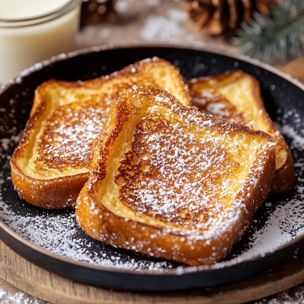 Pain perdu doré et croustillant, servi avec du sucre glace et des fruits frais.