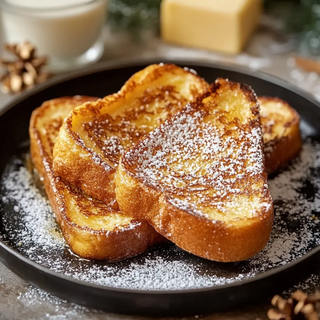 Pain perdu doré et croustillant, servi avec du sucre glace et des fruits frais.