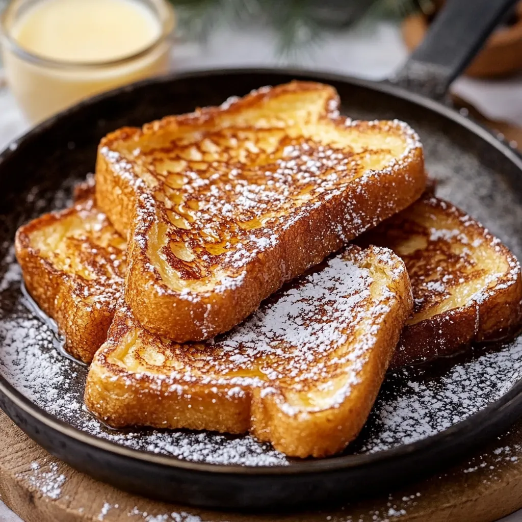 Pain perdu doré et croustillant, servi avec du sucre glace et des fruits frais.