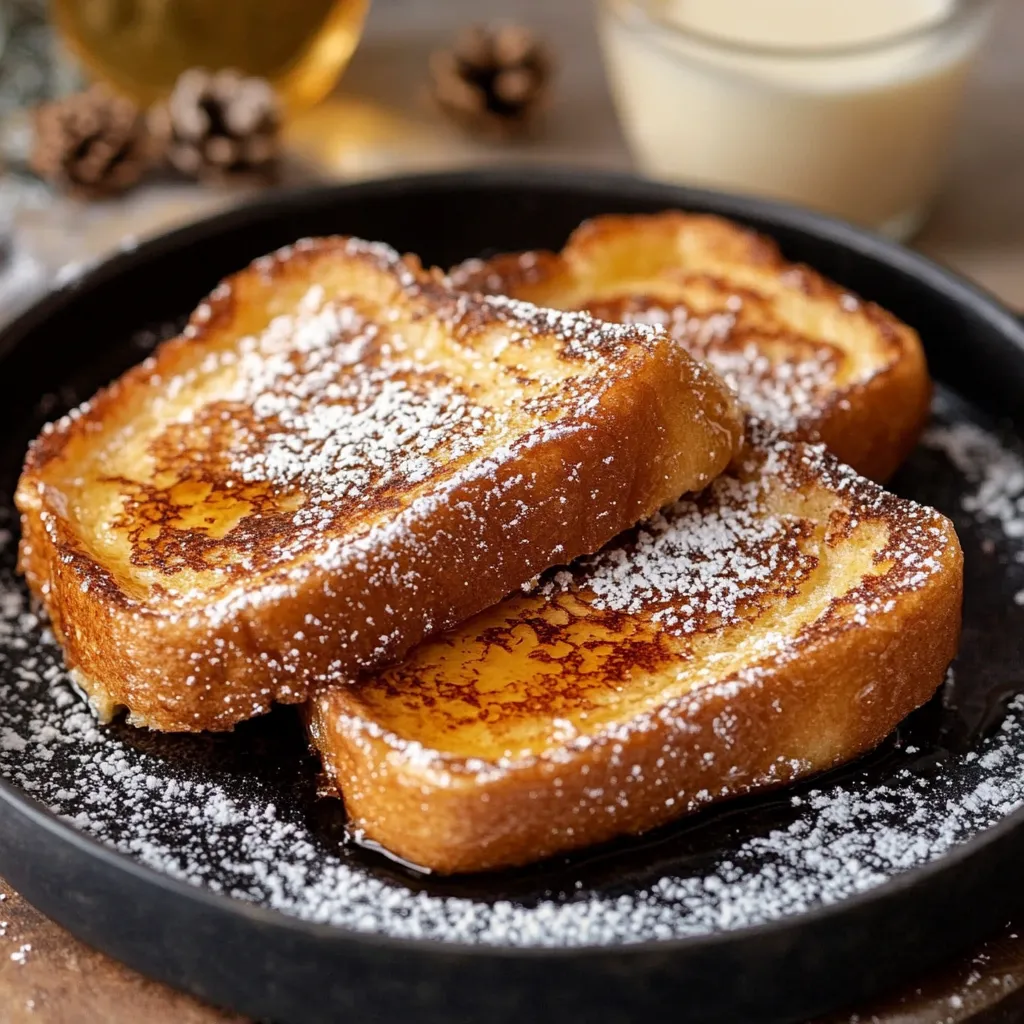 Pain perdu doré et croustillant, servi avec du sucre glace et des fruits frais.