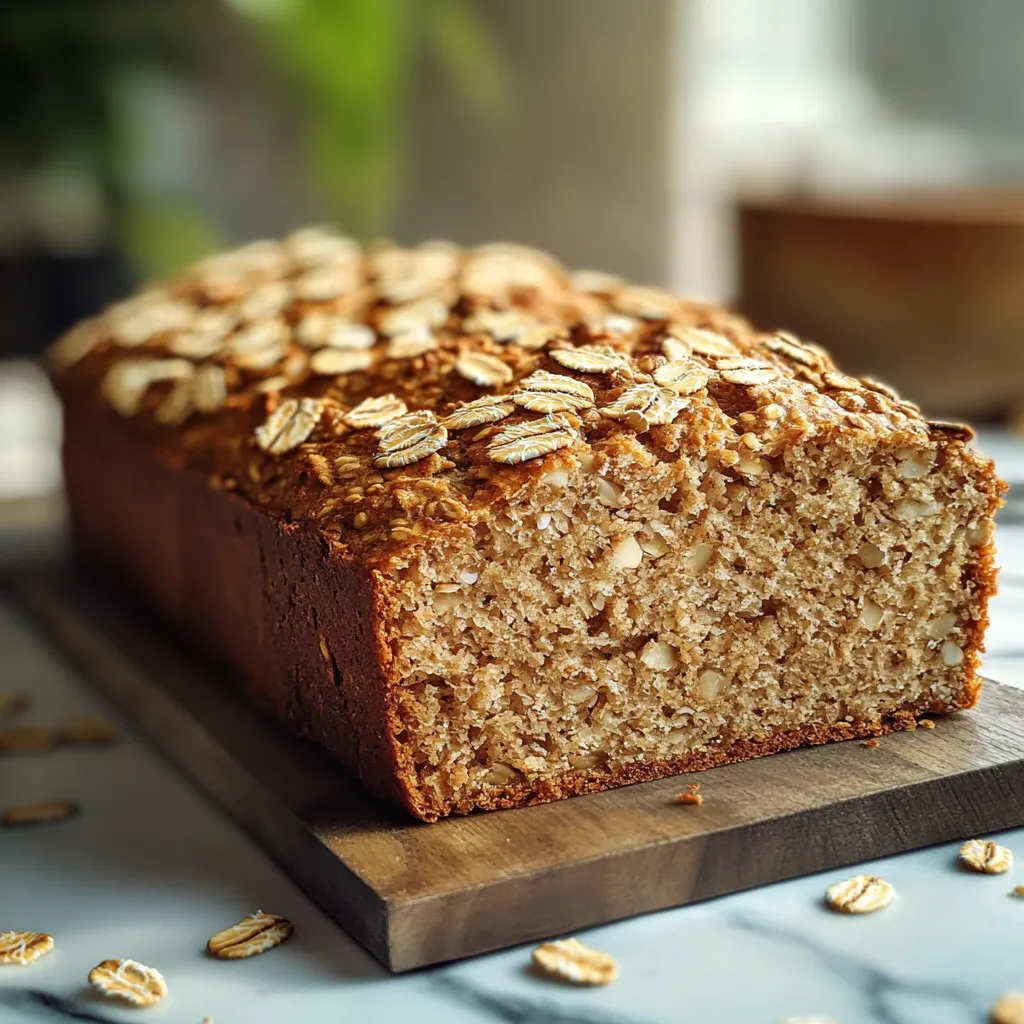 Pain d’avoine express sans farine, doré et moelleux, tranché sur une planche en bois avec une garniture de purée d’amandes et de fruits.