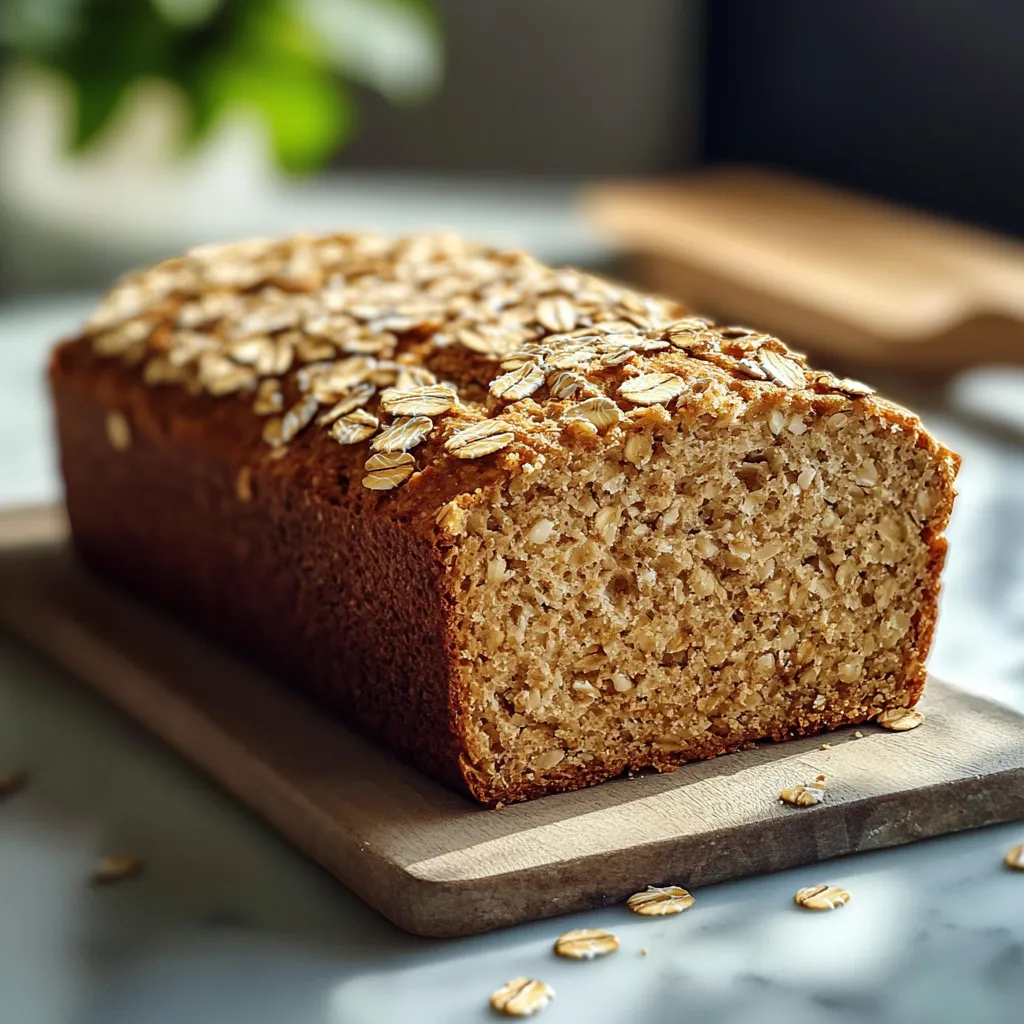 Pain d’avoine express sans farine, doré et moelleux, tranché sur une planche en bois avec une garniture de purée d’amandes et de fruits.