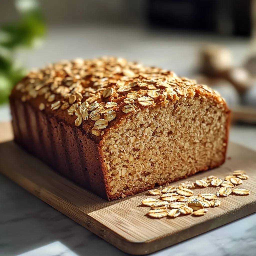 Pain d’avoine express sans farine, doré et moelleux, tranché sur une planche en bois avec une garniture de purée d’amandes et de fruits.