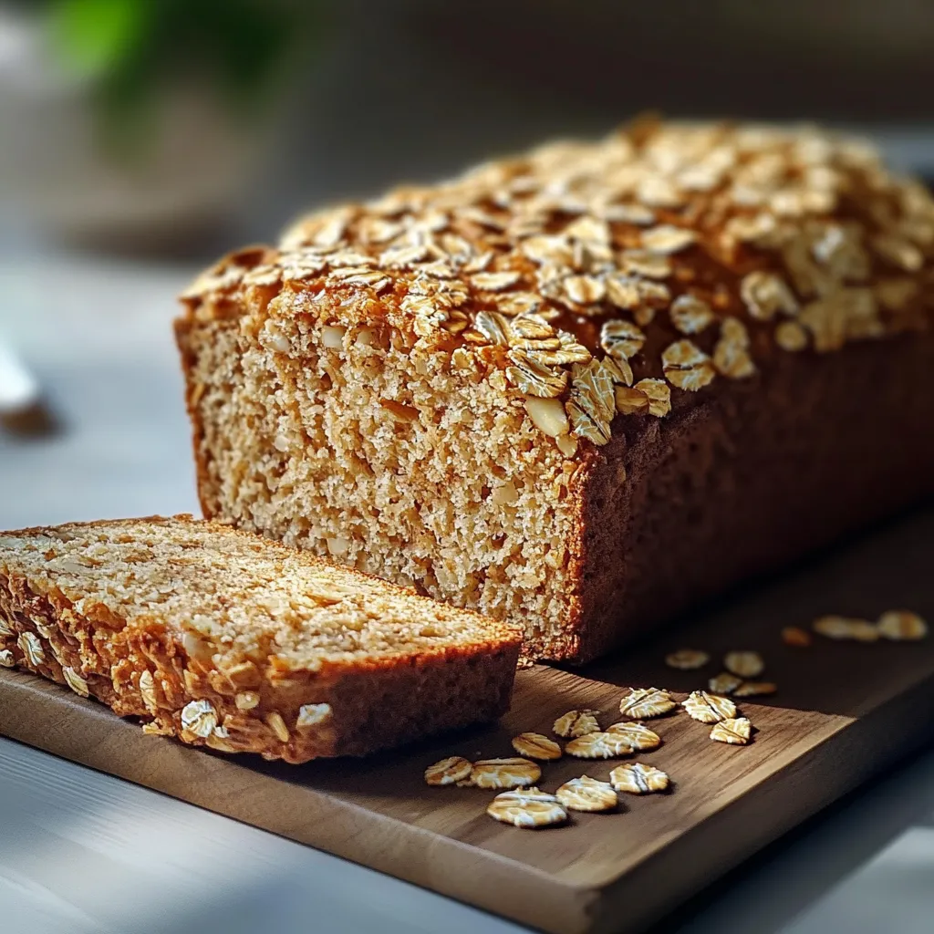 Pain d’avoine express sans farine, doré et moelleux, tranché sur une planche en bois avec une garniture de purée d’amandes et de fruits.