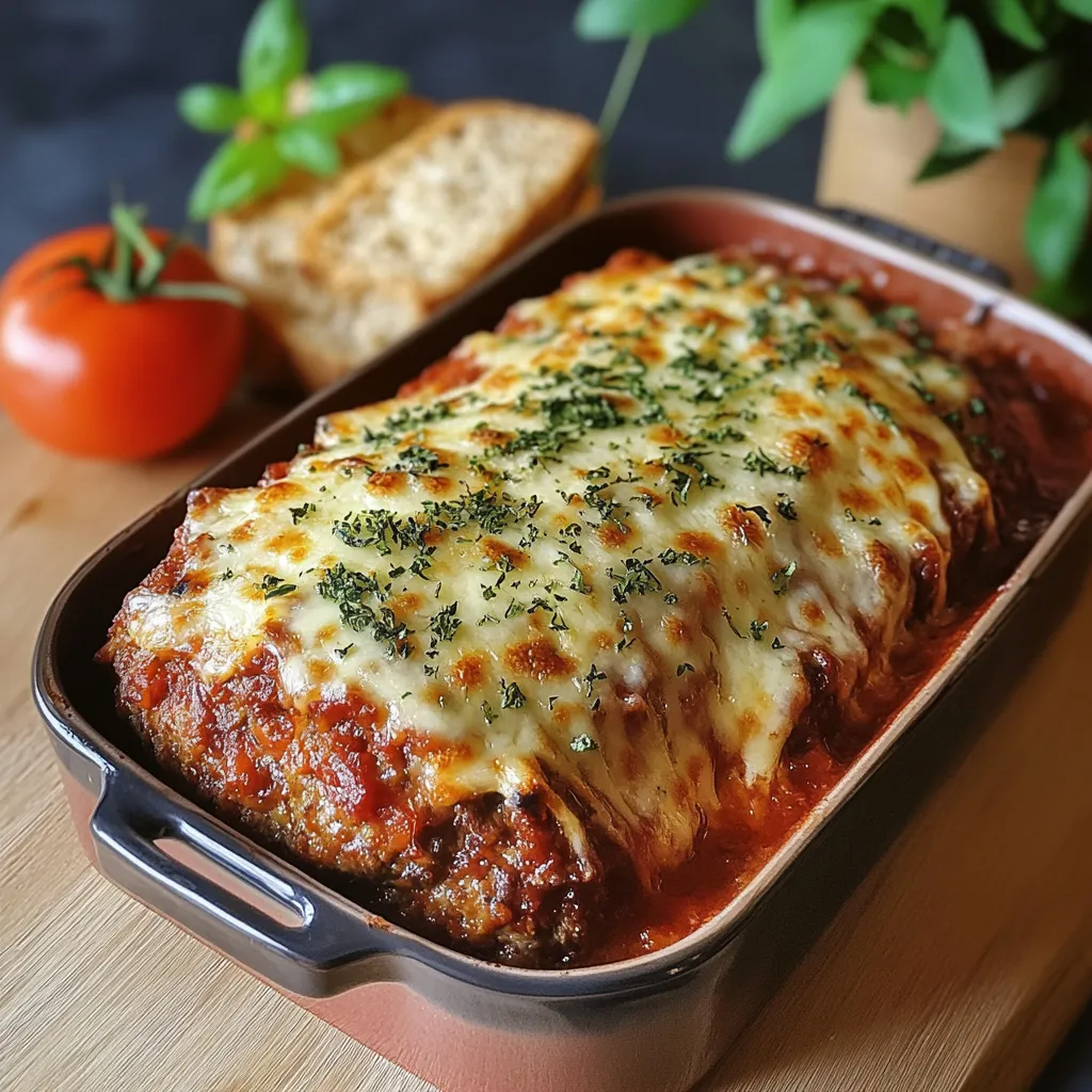Pain de Viande Italien au Parmesan et Gratiné doré, tranché dans un plat en céramique, avec une croûte gratinée de mozzarella et des herbes fraîches.