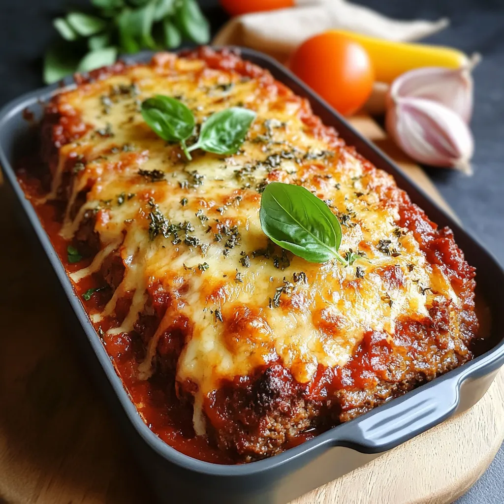 Pain de Viande Italien au Parmesan et Gratiné doré, tranché dans un plat en céramique, avec une croûte gratinée de mozzarella et des herbes fraîches.