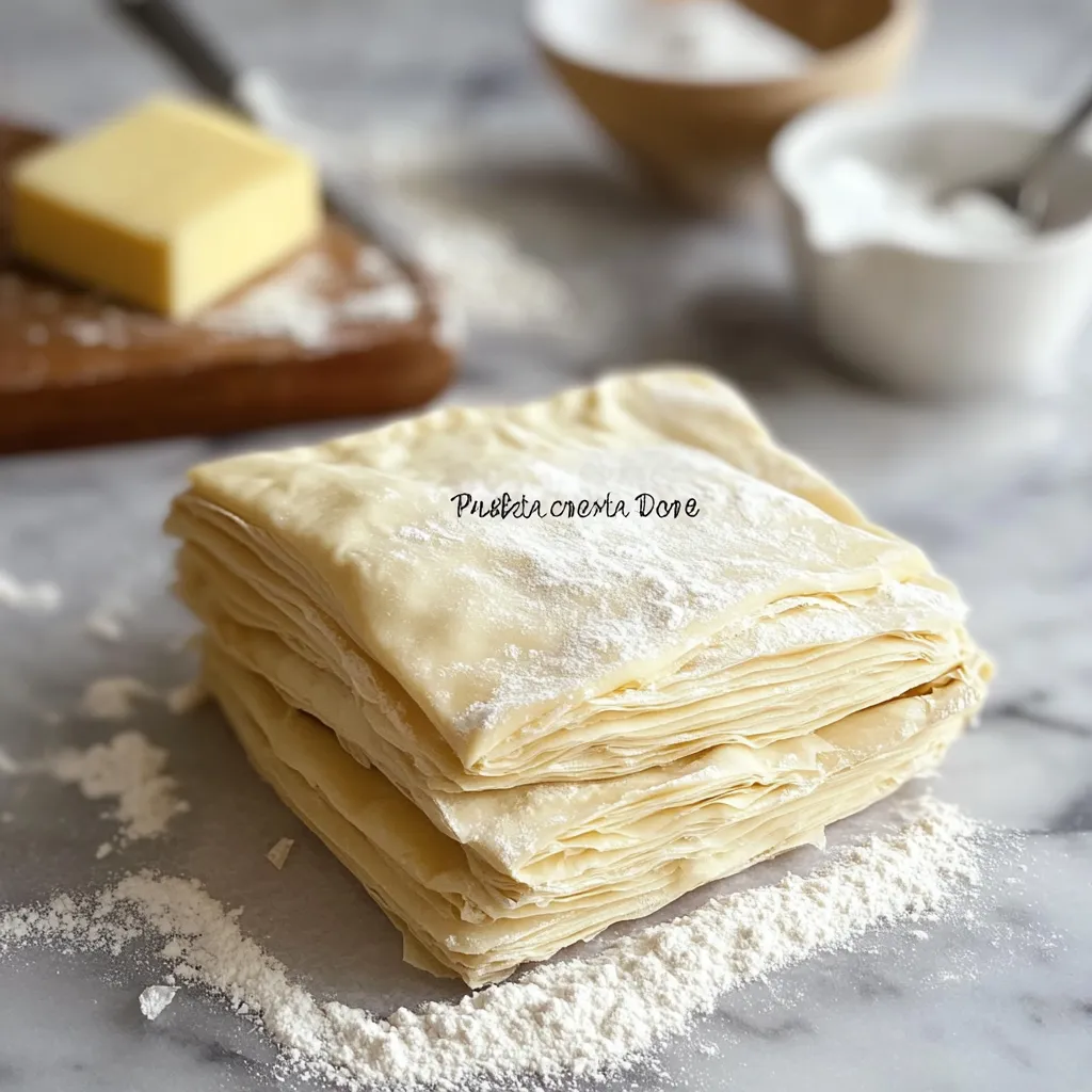 Pâte feuilletée maison avec un feuilletage doré et croustillant, parfaite pour des tartes et viennoiseries.