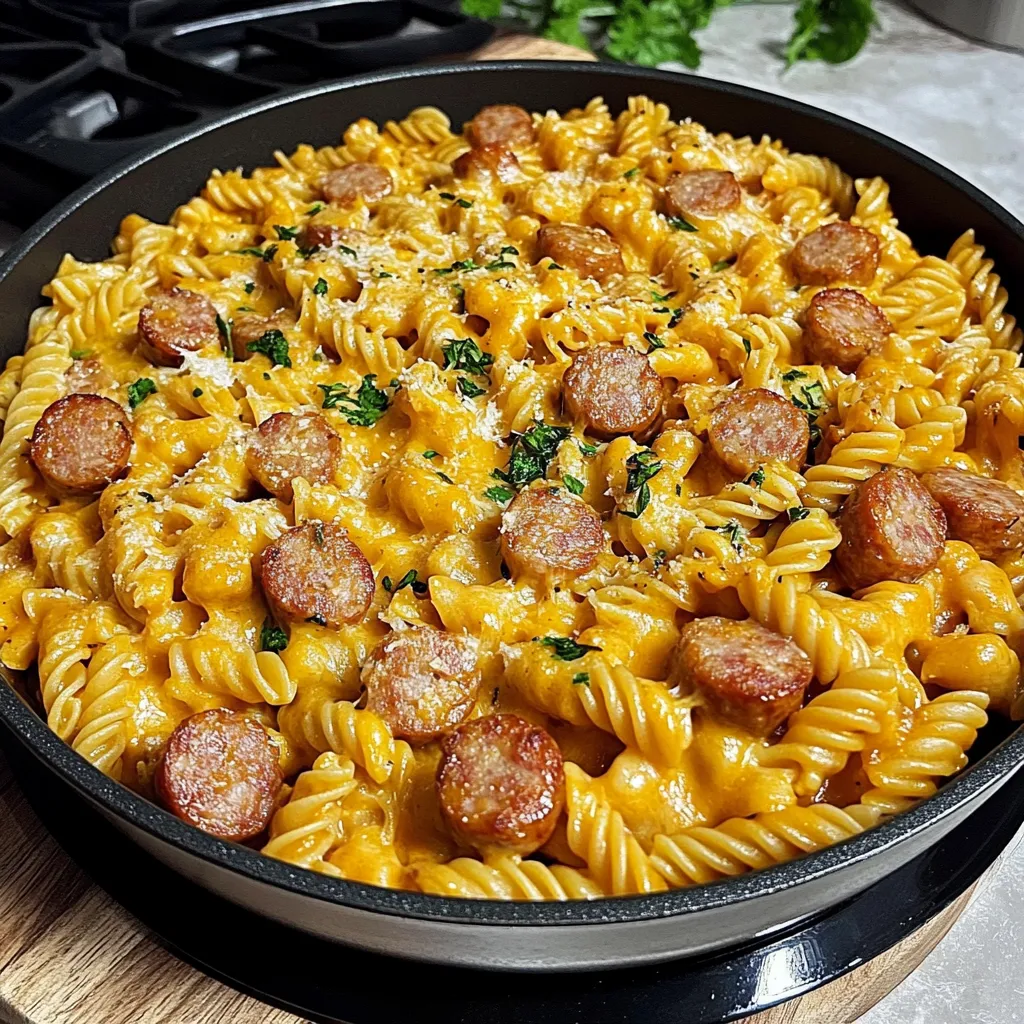Pâtes rotini crémeuses au poulet, saucisse et cheddar fondu dans une casserole.
