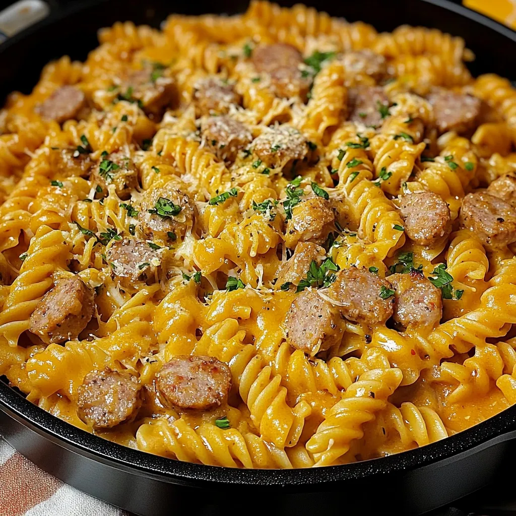 Pâtes rotini crémeuses au poulet, saucisse et cheddar fondu dans une casserole.