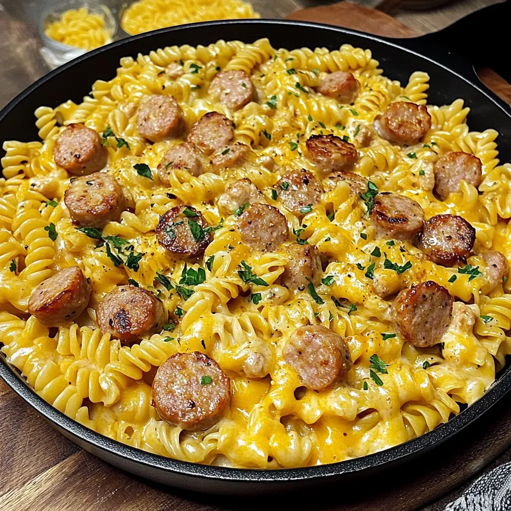 Pâtes rotini crémeuses au poulet, saucisse et cheddar fondu dans une casserole.
