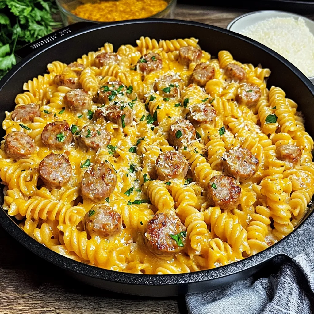 Pâtes rotini crémeuses au poulet, saucisse et cheddar fondu dans une casserole.