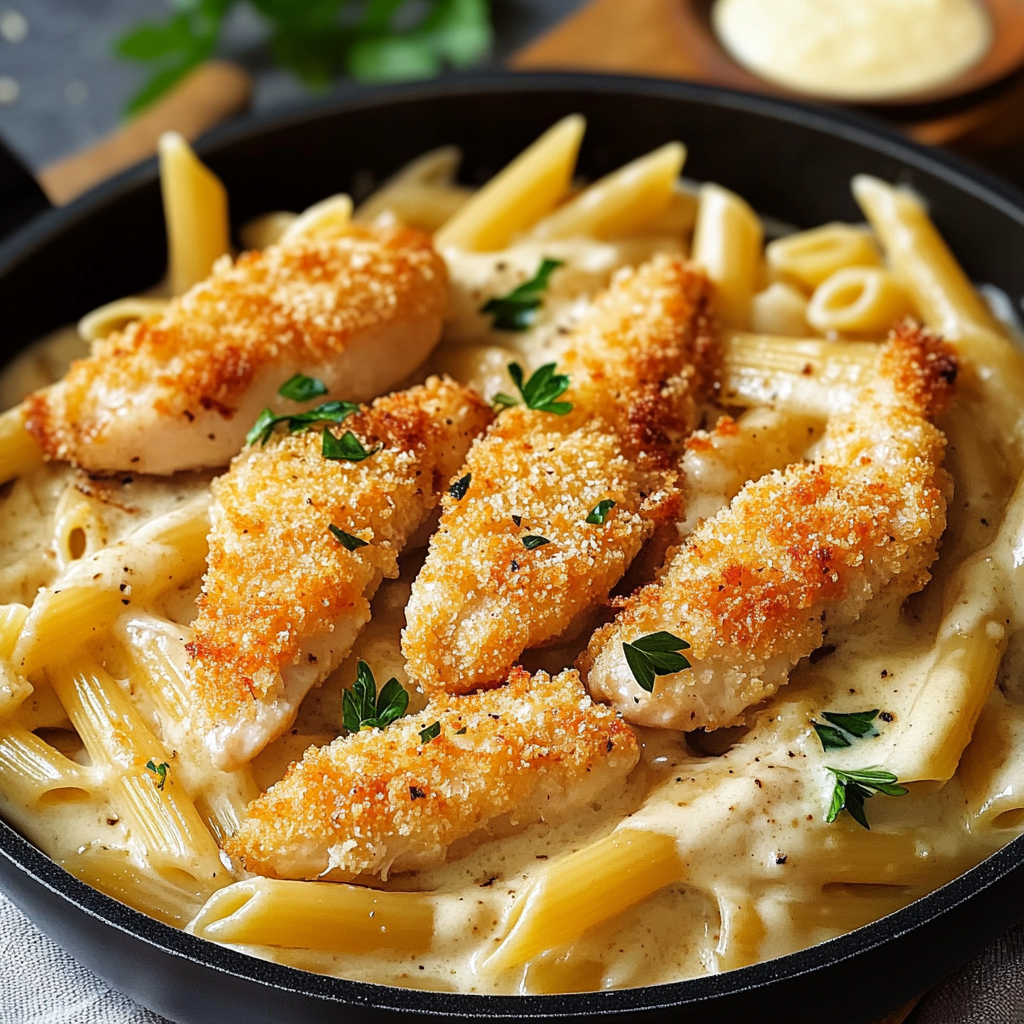 Assiette de penne nappées d’une sauce crémeuse au parmesan, garnie de morceaux de poulet pané croustillant et de persil frais.