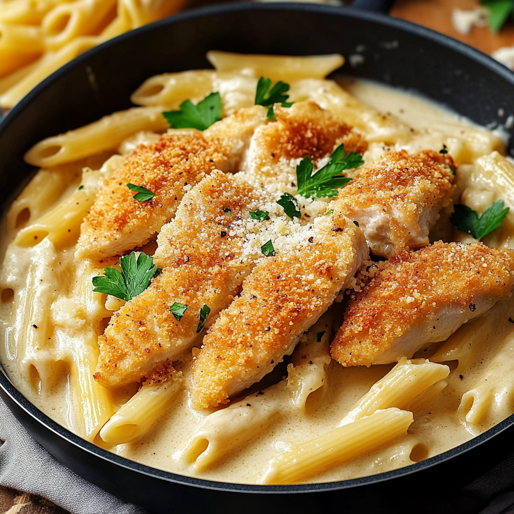 Assiette de penne nappées d’une sauce crémeuse au parmesan, garnie de morceaux de poulet pané croustillant et de persil frais.