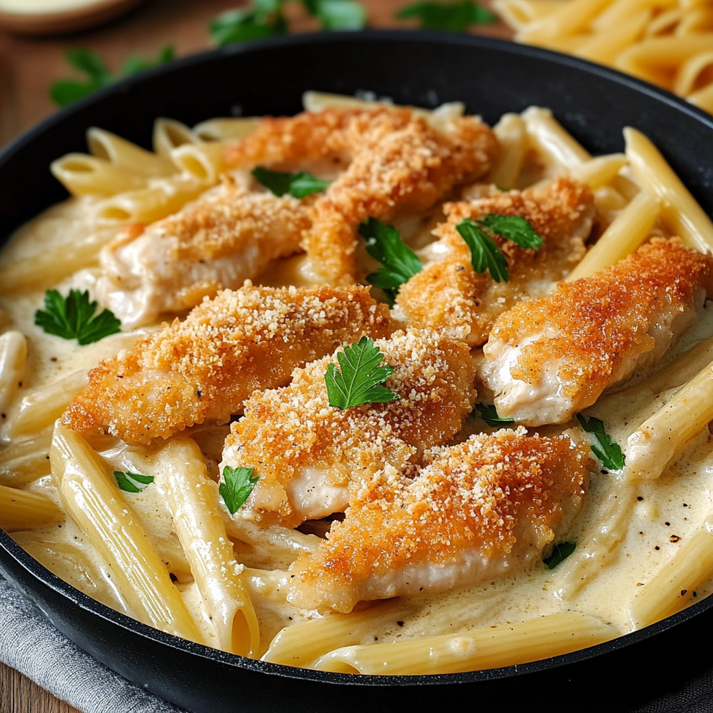 Assiette de penne nappées d’une sauce crémeuse au parmesan, garnie de morceaux de poulet pané croustillant et de persil frais.
