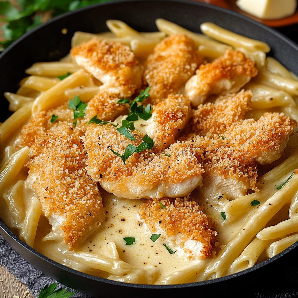 Assiette de penne nappées d’une sauce crémeuse au parmesan, garnie de morceaux de poulet pané croustillant et de persil frais.
