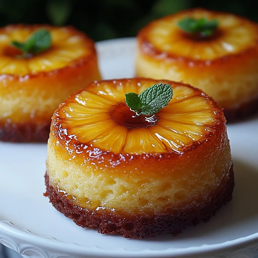 Petits moelleux renversés à l’ananas & mascarpone, dorés et caramélisés, servis sur une assiette avec une boule de glace vanille.