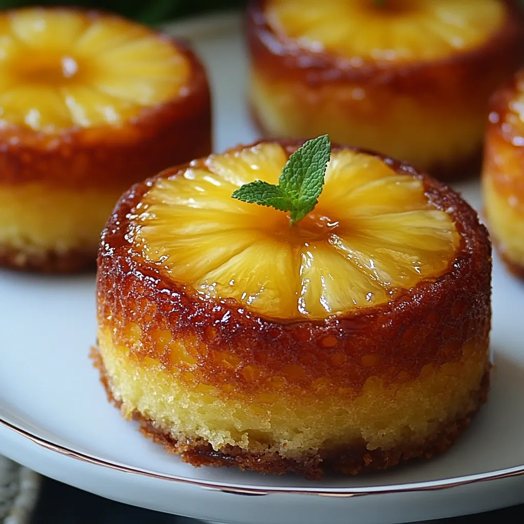 Petits moelleux renversés à l’ananas & mascarpone, dorés et caramélisés, servis sur une assiette avec une boule de glace vanille.