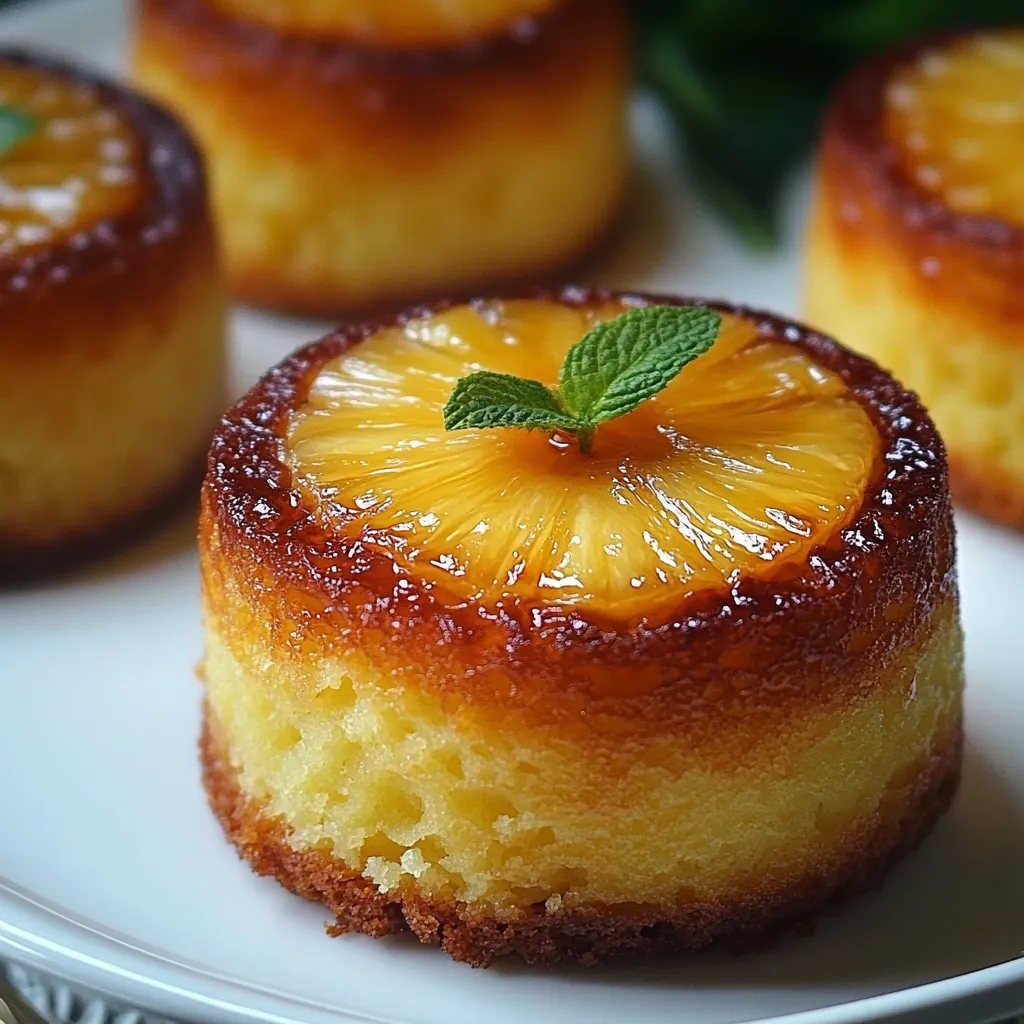 Petits moelleux renversés à l’ananas & mascarpone, dorés et caramélisés, servis sur une assiette avec une boule de glace vanille.