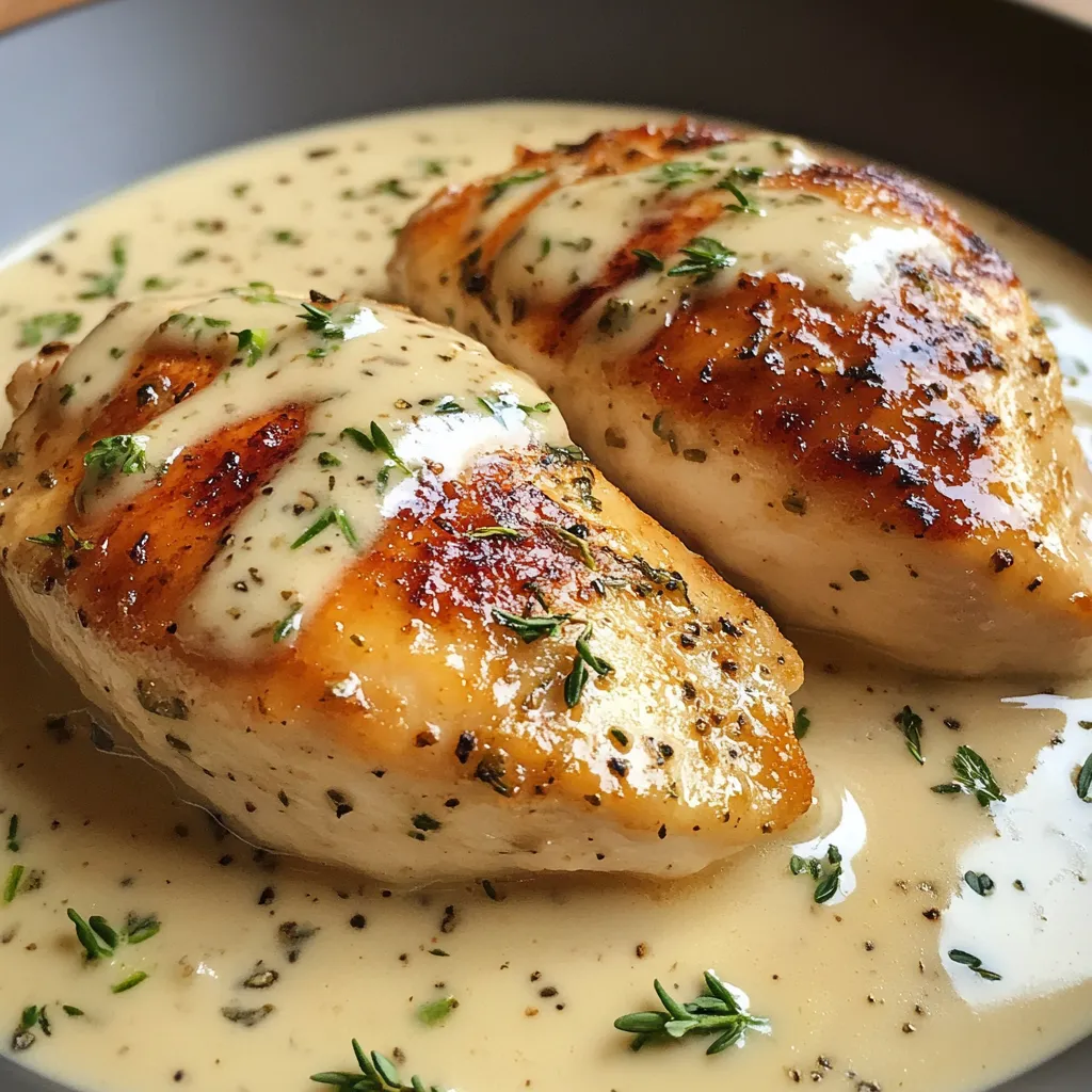 Assiette de poulet sauce Boursin à l’ail et fines herbes, nappée d’une sauce crémeuse et accompagnée de pâtes fraîches.