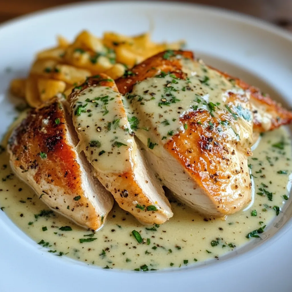 Poulet sauce Boursin à l’ail et fines herbes, servi avec du riz basmati et décoré de persil frais.