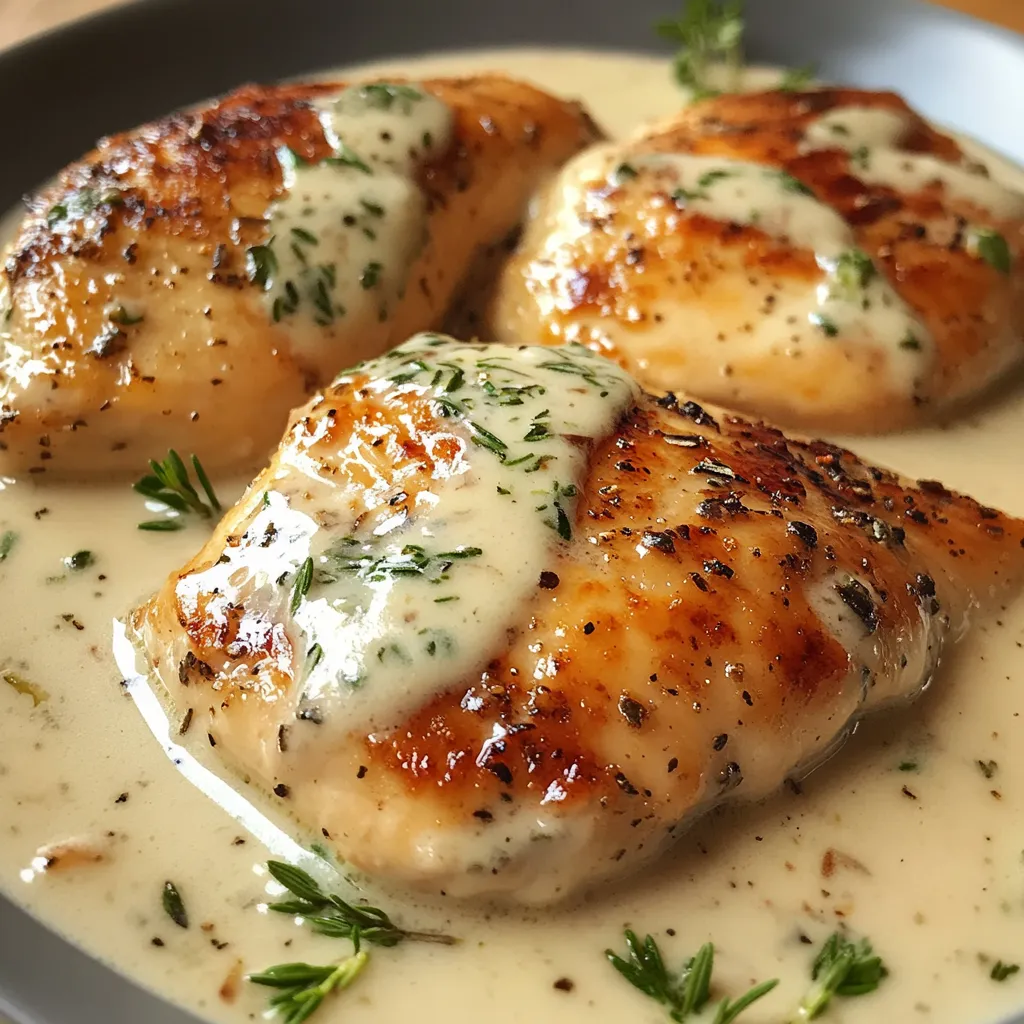 Assiette de poulet sauce Boursin à l’ail et fines herbes, nappée d’une sauce crémeuse et accompagnée de pâtes fraîches.