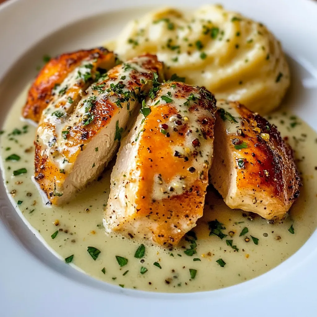 Poulet sauce Boursin à l’ail et fines herbes, servi avec du riz basmati et décoré de persil frais.